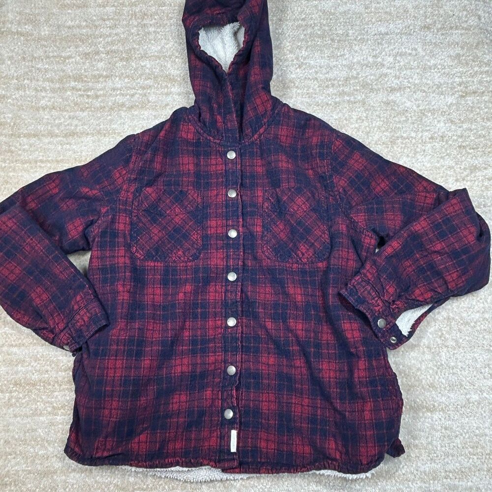 Soho Threads Jacket Womens L Hooded Sherpa Lined Plaid Snap Front Red Navy